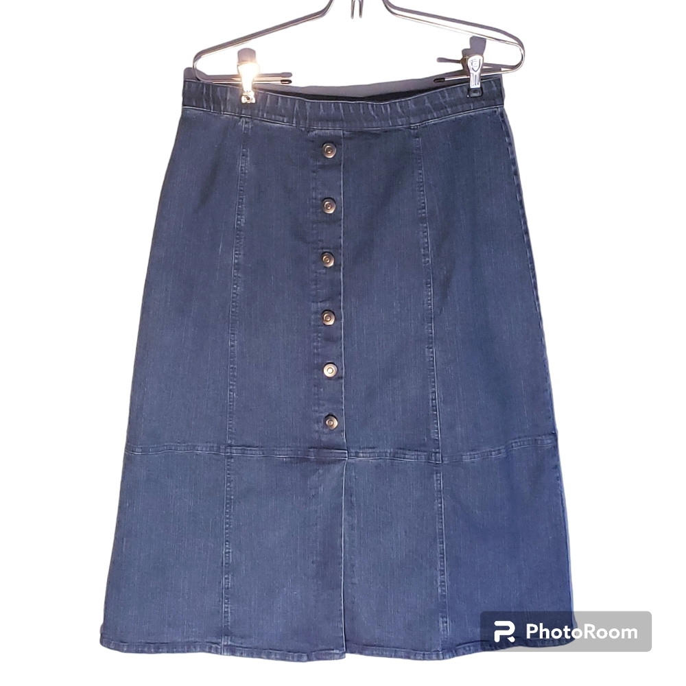 Ruby Rd. denim jean skirt midi, pull on elastic waist or button front, size 8